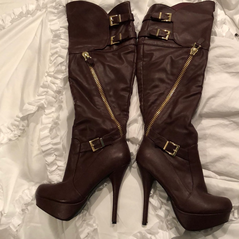 Gorgeous dark maroon with gold knee high boots